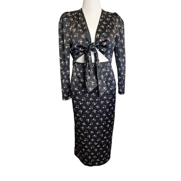 WAYF Black Ditsy Floral Dress Satin Tie Bare Midriff Cutout Puff Sleeve NWT Med - Picture 1 of 5